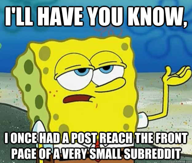 I'll have you know, I once had a post reach the front page of a very small subreddit  Tough Spongebob