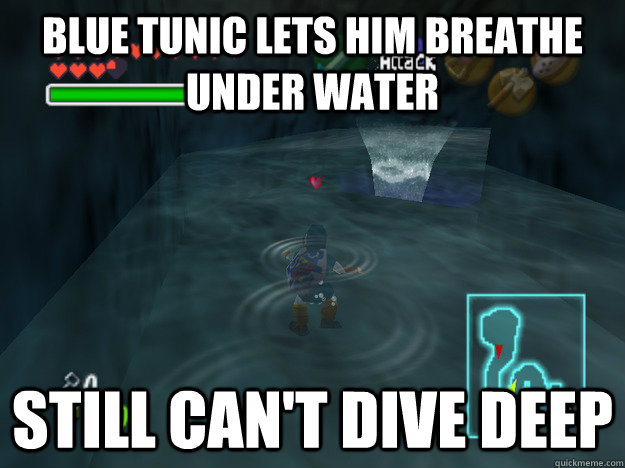 Blue tunic lets him breathe under water Still can't dive deep - Blue tunic lets him breathe under water Still can't dive deep  Misc