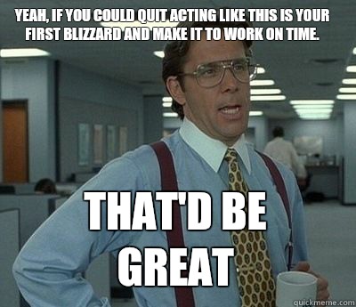 Yeah, if you could quit acting like this is your first blizzard and make it to work on time.  That'd be great  Bill Lumbergh