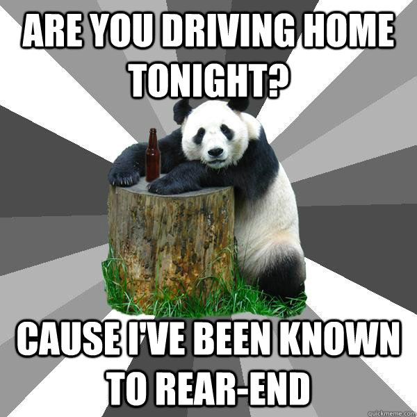 are you driving home tonight?  cause I've been known to rear-end  Pickup-Line Panda