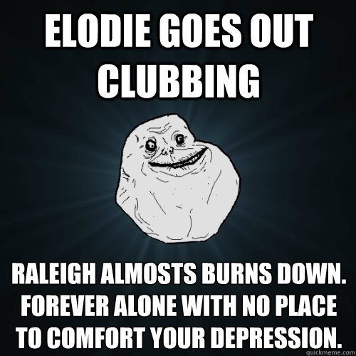Elodie Goes out clubbing Raleigh almosts burns down.
Forever alone with no place to comfort your depression.  Forever Alone