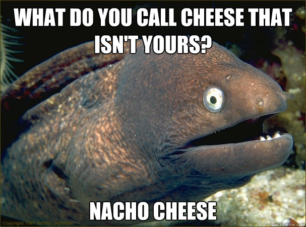What do you call cheese that isn't yours? nacho cheese  Bad Joke Eel