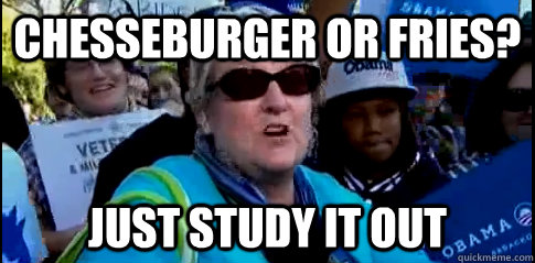 Chesseburger or fries? Just study it out  Study it out