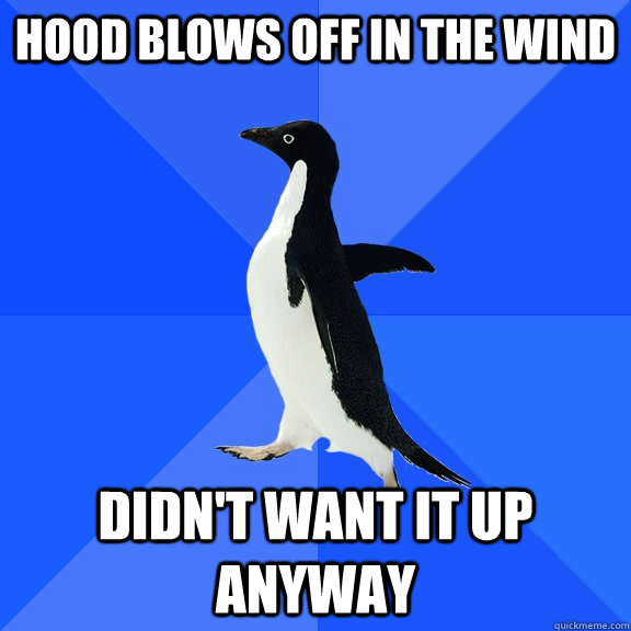 Hood blows off in the wind Didn't want it up anyway  Socially Awkward Penguin
