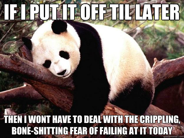 IF I PUT IT OFF TIL LATER THEN I WONT HAVE TO DEAL WITH THE CRIPPLING, BONE-SHITTING FEAR OF FAILING AT IT TODAY - IF I PUT IT OFF TIL LATER THEN I WONT HAVE TO DEAL WITH THE CRIPPLING, BONE-SHITTING FEAR OF FAILING AT IT TODAY  Procrastination Panda