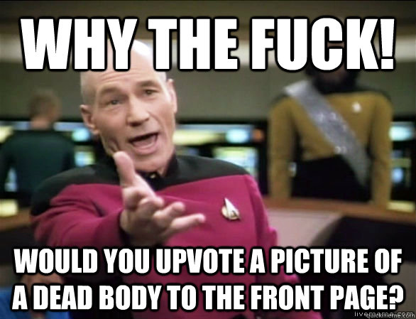 why the fuck! Would you upvote a picture of a dead body to the front page?  Annoyed Picard HD