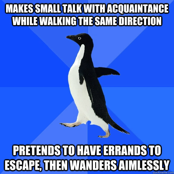 Makes small talk with acquaintance while walking the same direction pretends to have errands to escape, then wanders aimlessly  Socially Awkward Penguin