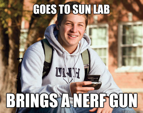 goes to sun lab brings a nerf gun Caption 3 goes here Caption 4 goes here  College Freshman
