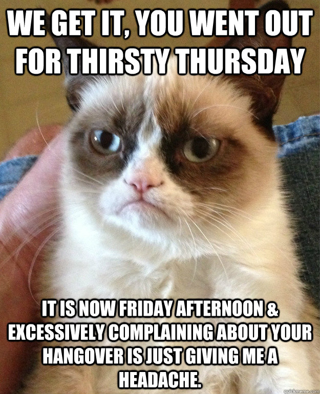 we get it, you went out for thirsty thursday it is now friday afternoon & excessively complaining about your hangover is just giving me a headache. - we get it, you went out for thirsty thursday it is now friday afternoon & excessively complaining about your hangover is just giving me a headache.  Misc