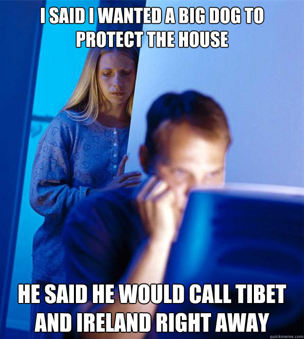 I SAID I WANTED A BIG DOG TO PROTECT THE HOUSE HE SAID HE WOULD CALL TIBET AND IRELAND RIGHT AWAY  Redditors Wife