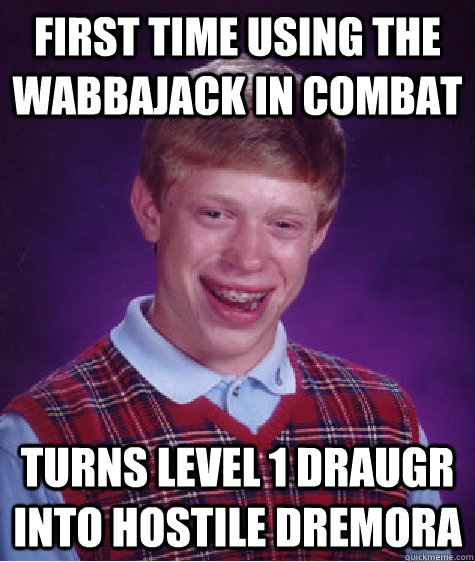 First time using the wabbajack in combat turns level 1 draugr into hostile dremora  Bad Luck Brian
