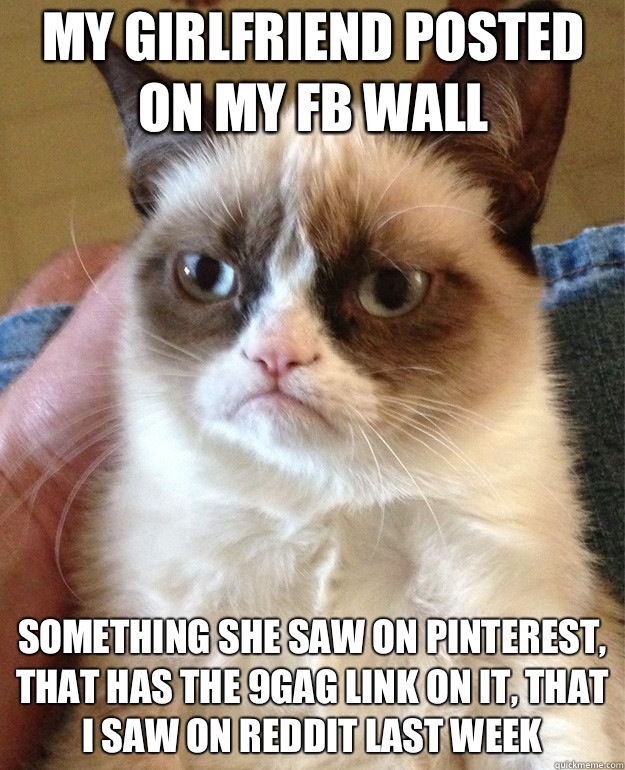 My girlfriend posted on my Fb wall Something she saw on pinterest, that has the 9gag link on it, that i saw on reddit last week  Grumpy Cat
