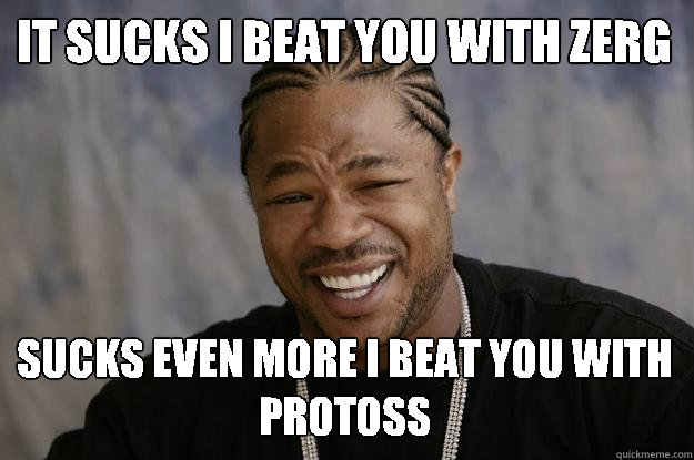 It sucks I beat you with zerg Sucks even more I beat you with Protoss - It sucks I beat you with zerg Sucks even more I beat you with Protoss  Xzibit meme