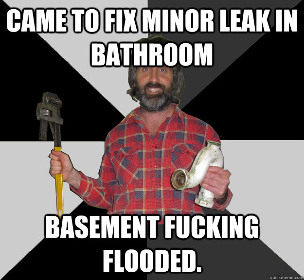 came to fix minor leak in bathroom basement fucking flooded. - came to fix minor leak in bathroom basement fucking flooded.  Inebriated Handyman