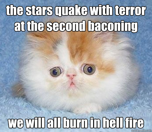 the stars quake with terror at the second baconing we will all burn in hell fire  Loss of Innocence Cat