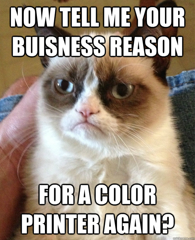 now tell me your buisness reason for a color printer again? - now tell me your buisness reason for a color printer again?  Grumpy Cat