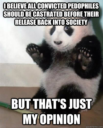 I believe all convicted pedophiles should be castrated before their release back into society but that's just my opinion - I believe all convicted pedophiles should be castrated before their release back into society but that's just my opinion  Calming Panda