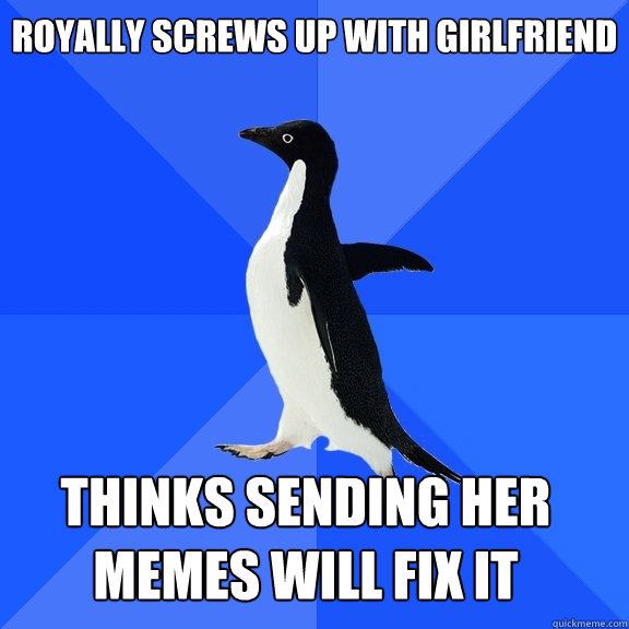 Royally screws up with girlfriend thinks sending her memes will fix it  Socially Awkward Penguin
