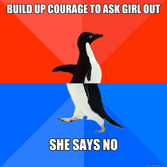 build up courage to ask girl out She says no  Socially Awesome Awkward Penguin