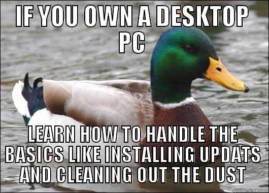 IF YOU OWN A DESKTOP PC LEARN HOW TO HANDLE THE BASICS LIKE INSTALLING UPDATS AND CLEANING OUT THE DUST Actual Advice Mallard