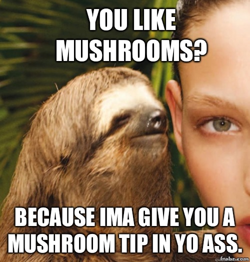 You like mushrooms?  Because ima give you a mushroom tip in yo ass.  rape sloth