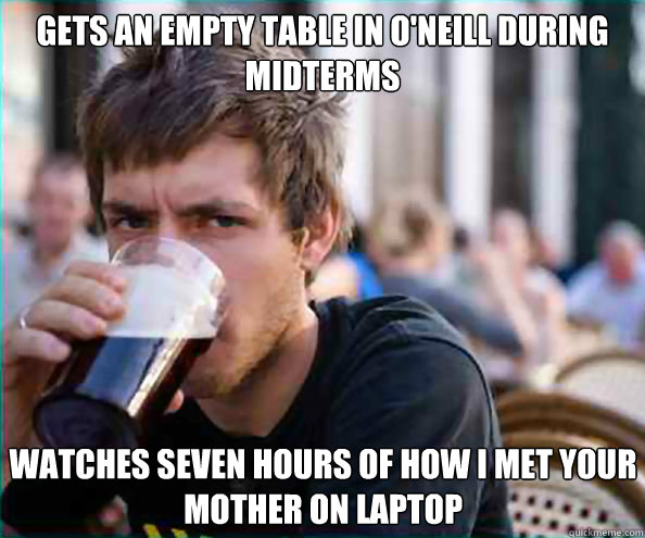 GETS AN EMPTY TABLE IN O'NEILL DURING MIDTERMS WATCHES SEVEN HOURS OF HOW I MET YOUR MOTHER on laptop  Lazy College Senior