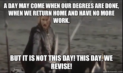 A day may come when our degrees are done, when we return home and have no more work. But it is not this day! This day, we revise!  Aragorn at the Black Gate