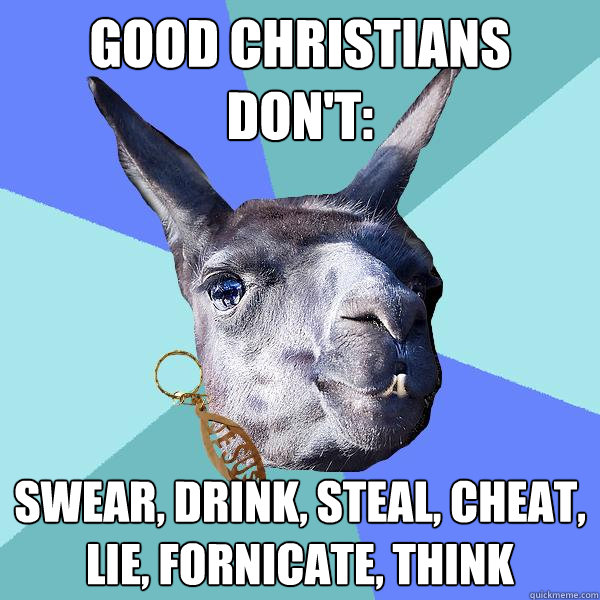 good christians don't: swear, drink, steal, cheat, lie, fornicate, think  Christian Mama Llama