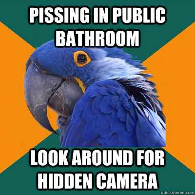 pissing in public bathroom look around for hidden camera  Paranoid Parrot