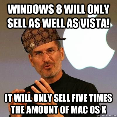 WINDOWS 8 WILL ONLY SELL AS WELL AS VISTA! IT WILL ONLY SELL FIVE TIMES THE AMOUNT OF MAC OS X  Scumbag Steve Jobs
