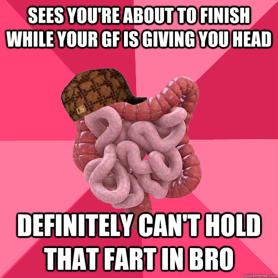 Sees you're about to finish while your gf is giving you head definitely can't hold that fart in bro  Scumbag Intestines