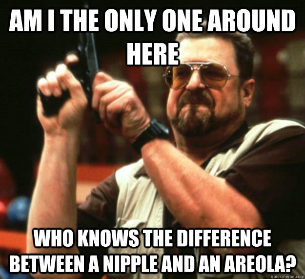 AM I THE ONLY ONE AROUND HERE who knows the difference between a nipple and an areola?  Am I the only one around here1