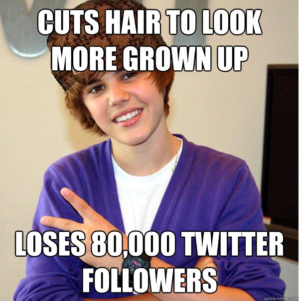 Cuts hair to look more grown up loses 80,000 twitter followers  Scumbag Beiber