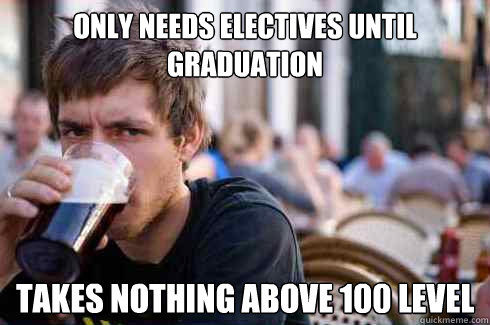 only needs electives until graduation takes nothing above 100 level - only needs electives until graduation takes nothing above 100 level  Lazy College Senior