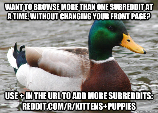 Want to browse more than one subreddit at a time, without changing your front page? use + in the url to add more subreddits: reddit.com/r/kittens+puppies - Want to browse more than one subreddit at a time, without changing your front page? use + in the url to add more subreddits: reddit.com/r/kittens+puppies  Actual Advice Mallard