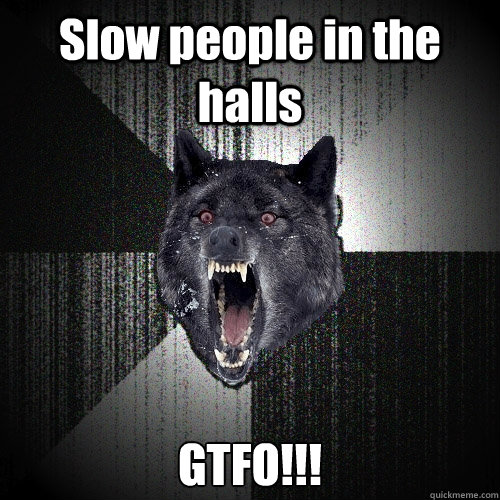 Slow people in the halls GTFO!!!  Insanity Wolf