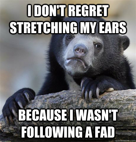 I don't regret stretching my ears Because I wasn't following a fad - I don't regret stretching my ears Because I wasn't following a fad  Confession Bear