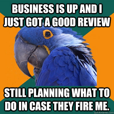 Business is up and i just got a good review Still planning what to do in case they fire me.  Paranoid Parrot