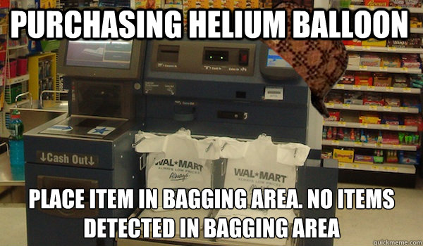 Purchasing helium balloon place item in bagging area. no items detected in bagging area  