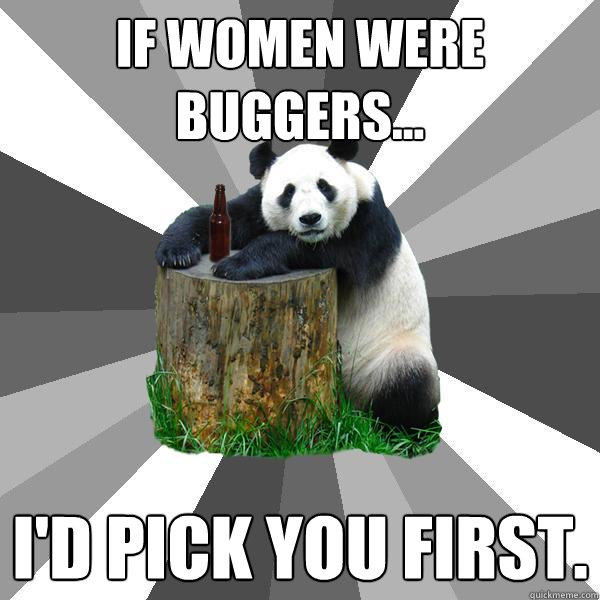 IF WOMEN WERE BUGGERS... I'D PICK YOU FIRST. - IF WOMEN WERE BUGGERS... I'D PICK YOU FIRST.  Pickup-Line Panda
