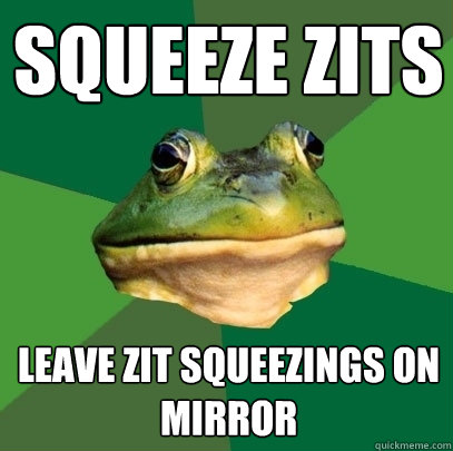 squeeze zits leave zit squeezings on mirror  Foul Bachelor Frog