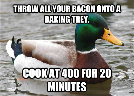 THROW ALL YOUR BACON ONTO A BAKING TREY. COOK AT 400 FOR 20 MINUTES  Actual Advice Mallard