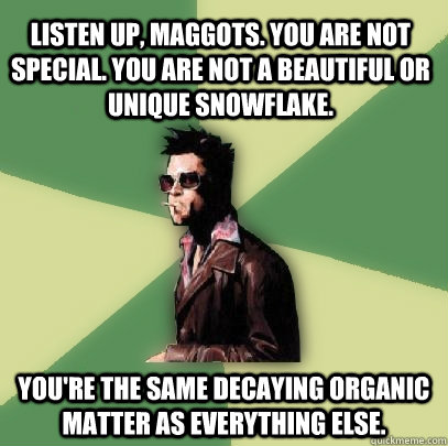 Listen up, maggots. You are not special. You are not a beautiful or unique snowflake.  You're the same decaying organic matter as everything else.  - Listen up, maggots. You are not special. You are not a beautiful or unique snowflake.  You're the same decaying organic matter as everything else.   Helpful Tyler Durden