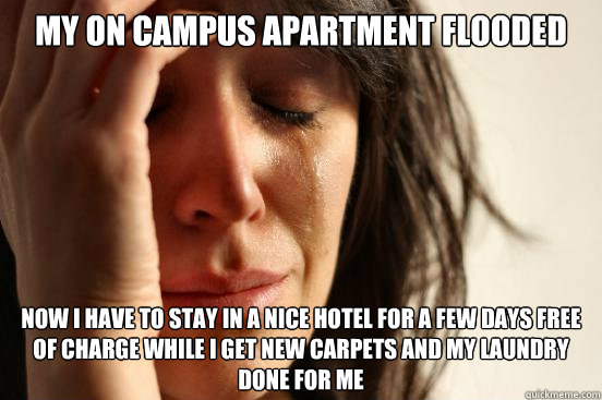 My on campus apartment flooded now I have to stay in a nice hotel for a few days free of charge while I get new carpets and my laundry done for me  First World Problems