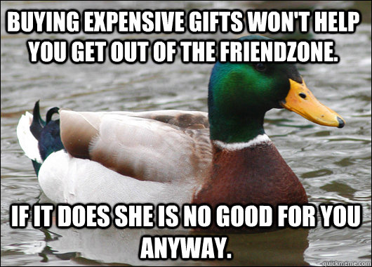 Buying expensive gifts won't help you get out of the friendzone. if it does she is no good for you anyway.  Actual Advice Mallard