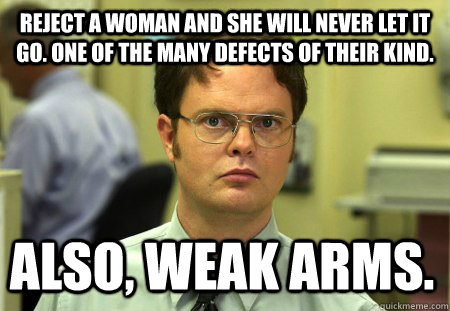 Reject a woman and she will never let it go. One of the many defects of their kind. also, weak arms. - Reject a woman and she will never let it go. One of the many defects of their kind. also, weak arms.  Dwight