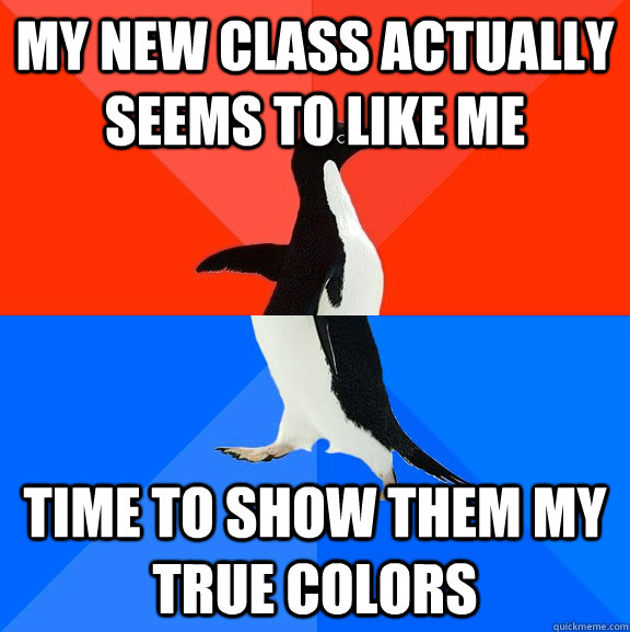 my new class actually seems to like me time to show them my true colors  Socially Awesome Awkward Penguin