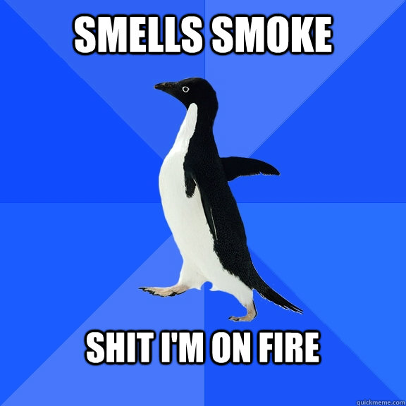 Smells smoke  SHIT I'm on fire   Socially Awkward Penguin
