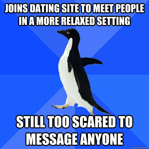 Joins dating site to meet people in a more relaxed setting Still too scared to message anyone  Socially Awkward Penguin