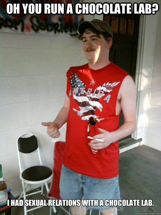 oh you run a chocolate lab? I had sexual relations with a chocolate lab.  Redneck Randal